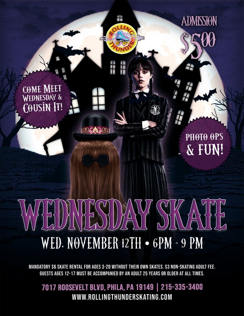#RollerSkating #ThingsToDoWithKidsNearMe #RollingThunderSkating #FamilyFun #PhillyEvents #WednesdayAddams #HalloweenFun #SkateNight