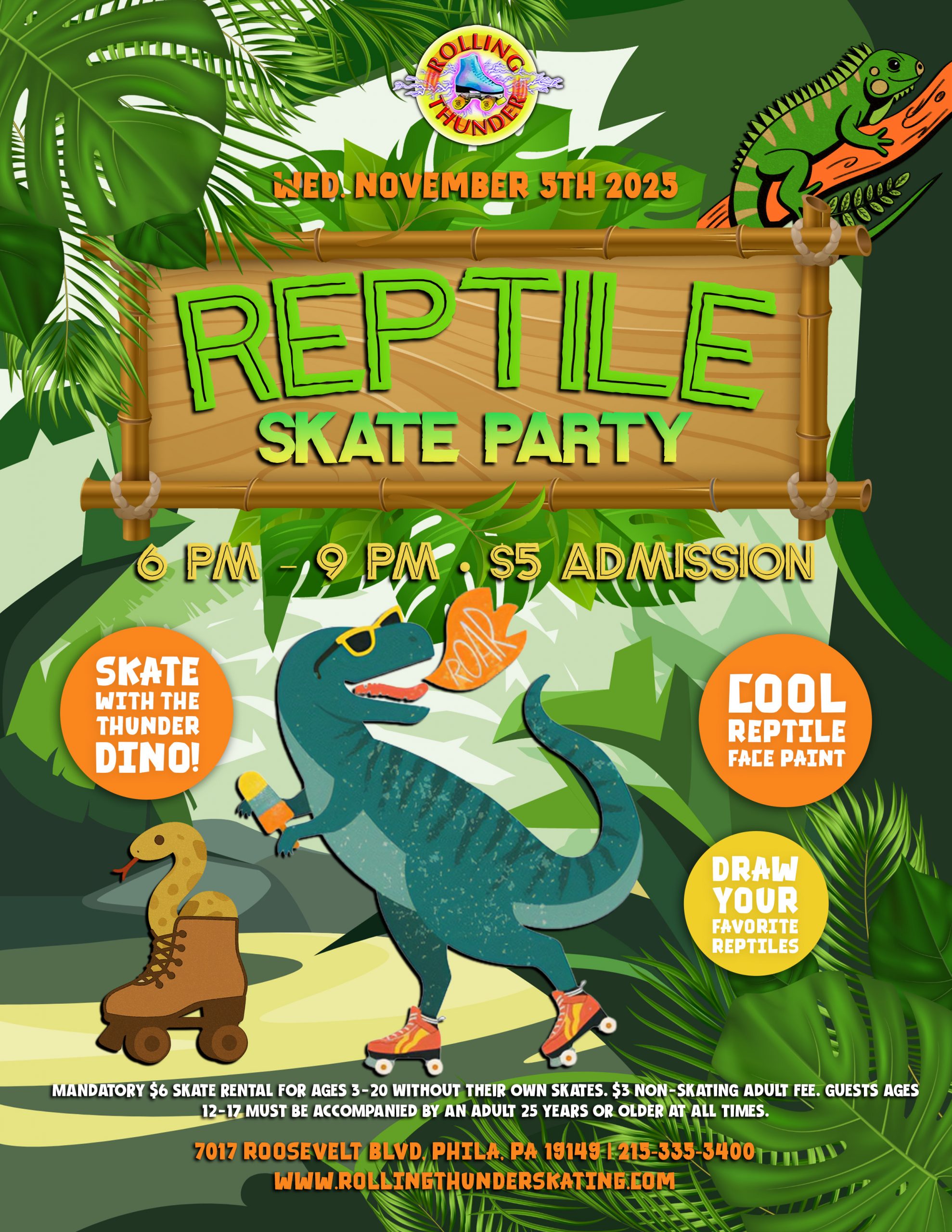 #RollerSkating #ThingsToDoWithKidsNearMe #RollingThunderSkating #FamilyFun #ReptileParty #SkateNight #PhillyEvents #KidsActivities #ThunderDino #PhiladelphiaFun